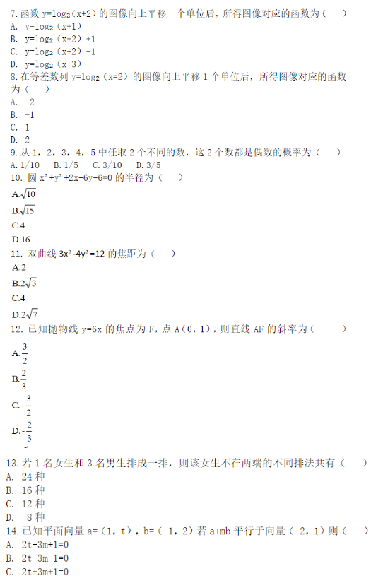 2018年成人高考高起點數(shù)學（文）考試真題及答案